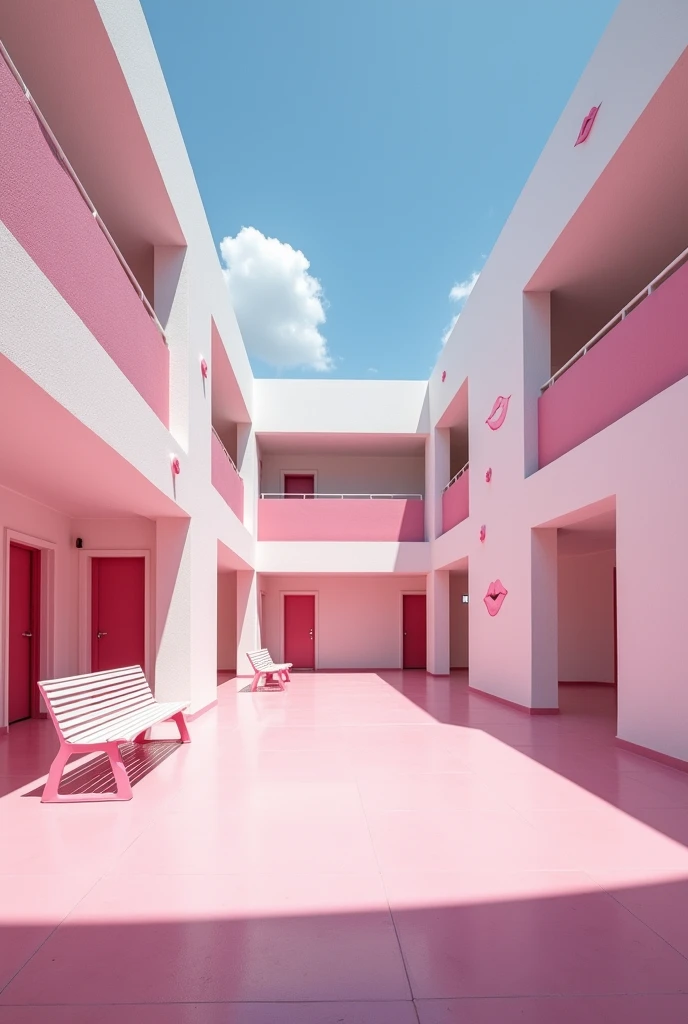 (photorealism:1.2) Empty in a pink girls' school inside yard, pink and white modern school building with pink benches, clean in good shape, the sign "Colegio Coquetas" and the signs of many kisses 💋 on the walls, not childish drawings on the walls, realistic, intricate details
