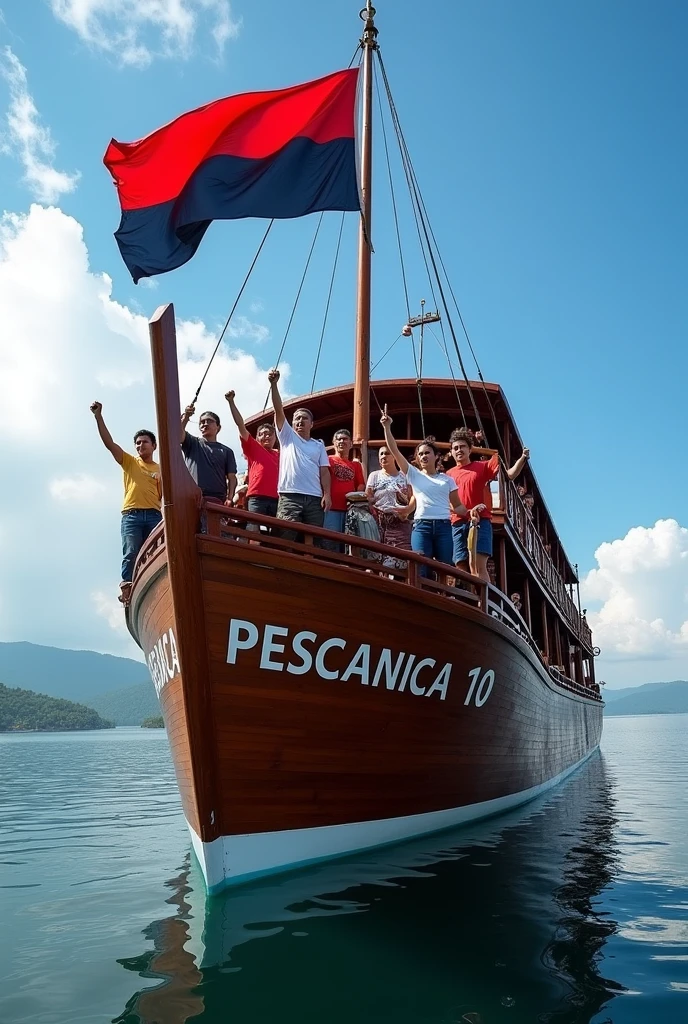 Recreate a photo of a large two-story wooden ship, with the name in the Spanish language of: " PESCANICA 10 " written on the side once without spelling errors, with only one red and black flag without repeating color, put on the bow, and with many people of Nicaraguan mestizo race with books and with their right hand up in the shape of a fist, sailing on a vast Nicaraguan lake