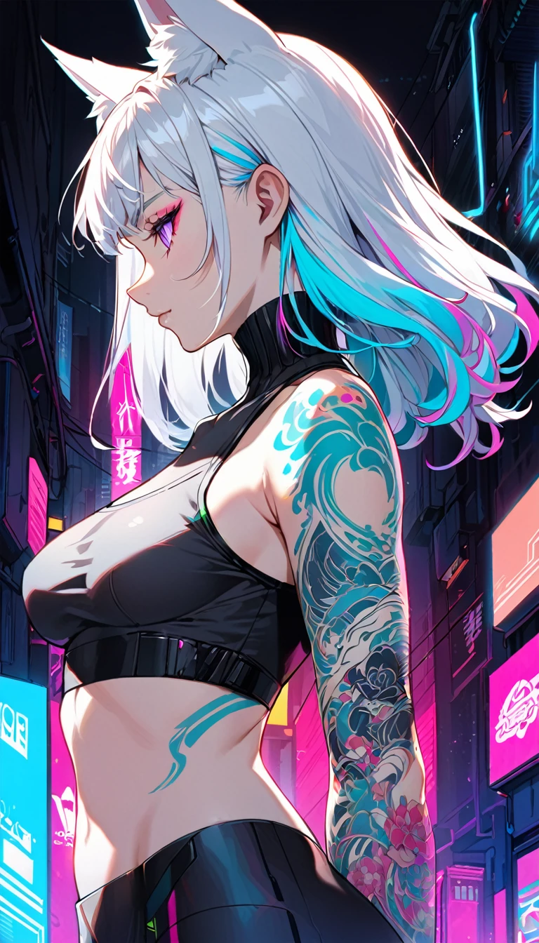 1woman, long white hair with pink and cyan tips,Muticolored hair, fox ears, purple eyes, wearing a white coat, leggings, wearing black undershirt, tattoos on arms,  colorful japanese tattoos, showing body, medium breasts, cyberpunk, profile picture perspective