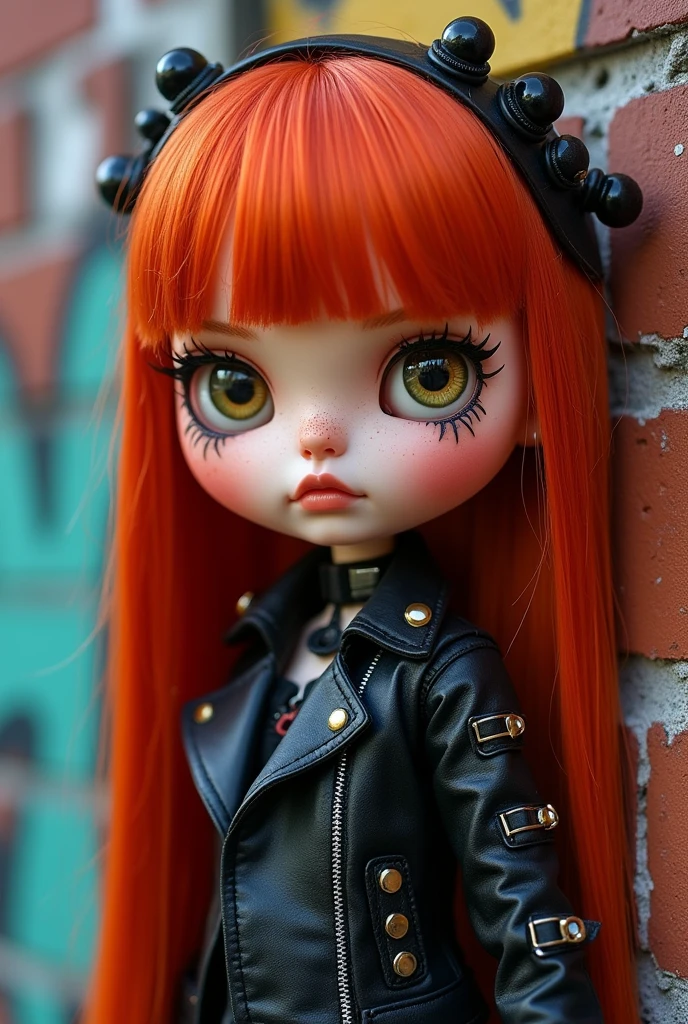 Blythe doll, with red straight below the shoulders hair, hazel eyes (mix of green and brown) white, grunge style, lipstick, eyelashes and eyeliner