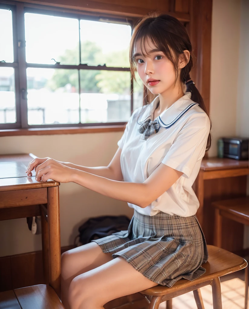 (natta:1.7), In a school classroom, 1 womanl,Selfie,((Women in love:1.3)),kiss,I am sitting on the desk.,((Realistic skin without makeup:1.5)),((Bare breasts and thighs visible through gaps in clothing)),(Underwear partially wet with sweat stains:1.3),Small head,((The light shines through the clothes, revealing the lines of your body.:1.5)),((I'm holding my knees:1.5))、((Beautiful thighs:1.2))、I'm opening my mouth a little、(Erect nipples:1.2), brunette color hair、ponytail,((innocent)),(hair between eye), Lip flap, ,Beautiful fingers,Beautiful long legs,Beauty Body,Cute nose,Beautiful character design,perfect eyes,face perfect,looking at viewert,(Innocent_Big_eyes:1.0),They are raising their hands and having fun.,(light_Smile:0.3),((In the middle of taking off your underwear:1.2))、((Bold Pose))、Open atmosphere、Intimate atmosphere、Half-taken clothes、Shy expression、Embarrassing、((Her clothes are disheveled and her skin is showing))、offcial art,Very detailed CG Unity 8k wallpaper,Perfect litthing,highly colorful,Bright_front_Face_Lighting,(tmasterpiece:1.0),(Best_quality:1.0), 超A high resolution,4K,ultra - detailed, photography of, 8k, nffsw, hight resolution, absurderes:1.2, Kodak portra 400, film grains, the background is blurred, bokeh:1.2, Lens Flare Glow, ( Vibrant_colour:1.2) (Beautiful,Large_breasts:1.4), (Beautiful_Face:1.5),((full body)),8k,Raw photo, 、Relax at a shool in Japan, (Girls are not subjects:1.3) (Hair after a bath:1.3),(Hair is wet:1.3) ((Girls are not subjects:1.2))((Draw a wide night background:1.2),((Japanese high school uniform:1.5)),((Wearing a simple high school uniform with a white blouse and gray plaid.:1.2)),((The background is a school classroom:1.3)),((8th class))、 ((Beautiful ponytail:1.5)), sixteen years old、((Beautiful straight short long:1.5))、(private),(Photos taken by lovers)、(Sophia Lillis)、(Secret photos)、((Beautiful barefoot))、((Relaxed and bold posture))