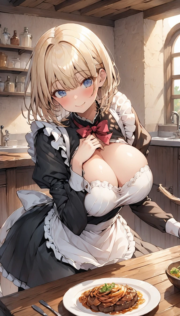 One Woman、beautiful girl、maid、20-year-old、Bob medium cut、Western-style building、maidの、maidカチューシャ、Short skirt、Kissing Face、Black Pantyhose、Highest quality, smile,Big Breasts、Very large breasts、Put it on the table、 Sink into the table、Put it on the table、Bust up angle、Place the breast on the table、Put it on the table、Put your chest on the table、Poses that accentuate the chest