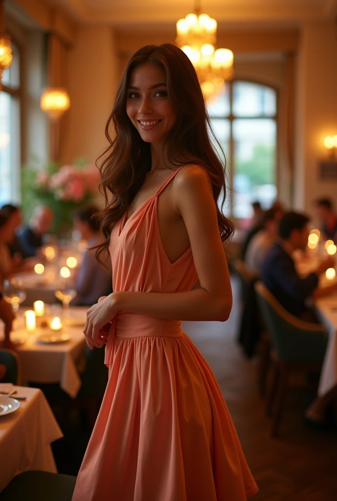Beautiful girl in a skirt in a restaurant
