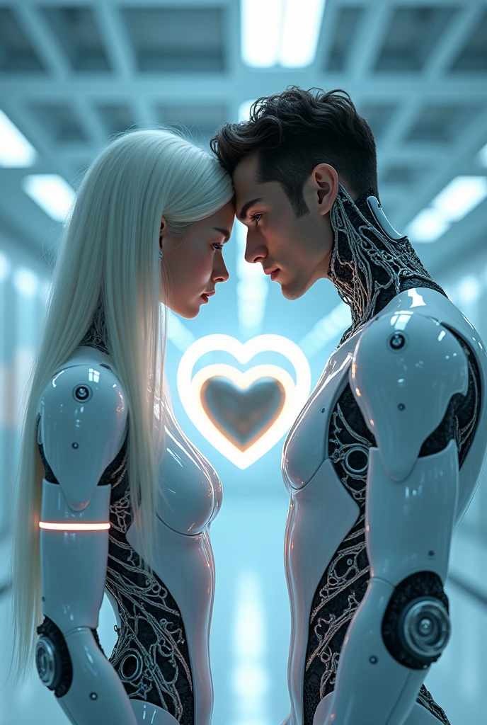 A beautiful, long-haired white cyborg woman and a handsome, short-haired white cyborg man stand together in a laboratory, looking at a love machine with a giant chained heart.