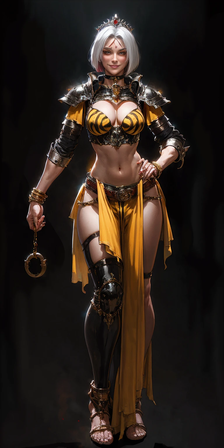 ((BLACK BACKGROUND 1:2, masterpiece)) 1solo female full body standing straight symmetrical with two long thighs and two metal sandals, red eyes like rubies, looking to the viewer, silver white hair, short bob style hair, big knockers breastplate, breastplate, cleavage, tiara royal, long cape up to two feet, yellow bikini (yellow tiger stripes), lustful smirking smiling, smile face (red blushed, red cheeks), pauldrons metal shoulders, gold sleeveless bracelets, separate sleeves, hands on waist hands OR hips, golden bracers, metal handcuffs, leather corset, red loincloth, black leather choker slave collar, shackles bracelets, slave red crest under navel, navel, big belt around waist OR hips, feet together, metal ankles