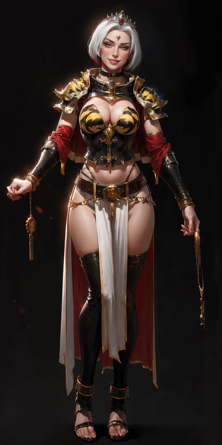 ((BLACK BACKGROUND 1:2, masterpiece)) 1solo female full body standing straight symmetrical with two long thighs and two metal sandals, red eyes like rubies, looking to the viewer, silver white hair, short bob style hair, big knockers breastplate, breastplate, cleavage, tiara royal, long cape up to two feet, yellow bikini (yellow tiger stripes), lustful smirking smiling, smile face (red blushed, red cheeks), pauldrons metal shoulders, gold sleeveless bracelets, separate sleeves, hands on waist hands OR hips, golden bracers, metal handcuffs, leather corset, red loincloth, black leather choker slave collar, shackles bracelets, slave red crest under navel, navel, big belt around waist OR hips, feet together, metal ankles