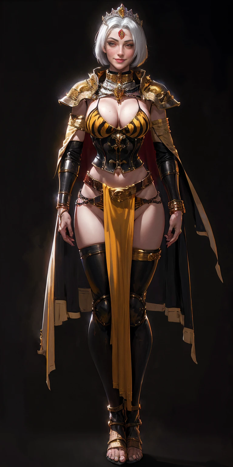 ((BLACK BACKGROUND 1:2, masterpiece)) 1solo female full body standing straight symmetrical with two long thighs and two metal sandals, red eyes like rubies, looking to the viewer, silver white hair, short bob style hair, big knockers breastplate, breastplate, cleavage, tiara royal, long cape up to two feet, yellow bikini (yellow tiger stripes), lustful smirking smiling, smile face (red blushed, red cheeks), pauldrons metal shoulders, gold sleeveless bracelets, separate sleeves, hands on waist hands OR hips, golden bracers, metal handcuffs, leather corset, red loincloth, black leather choker slave collar, shackles bracelets, slave red crest under navel, navel, big belt around waist OR hips, feet together, metal ankles