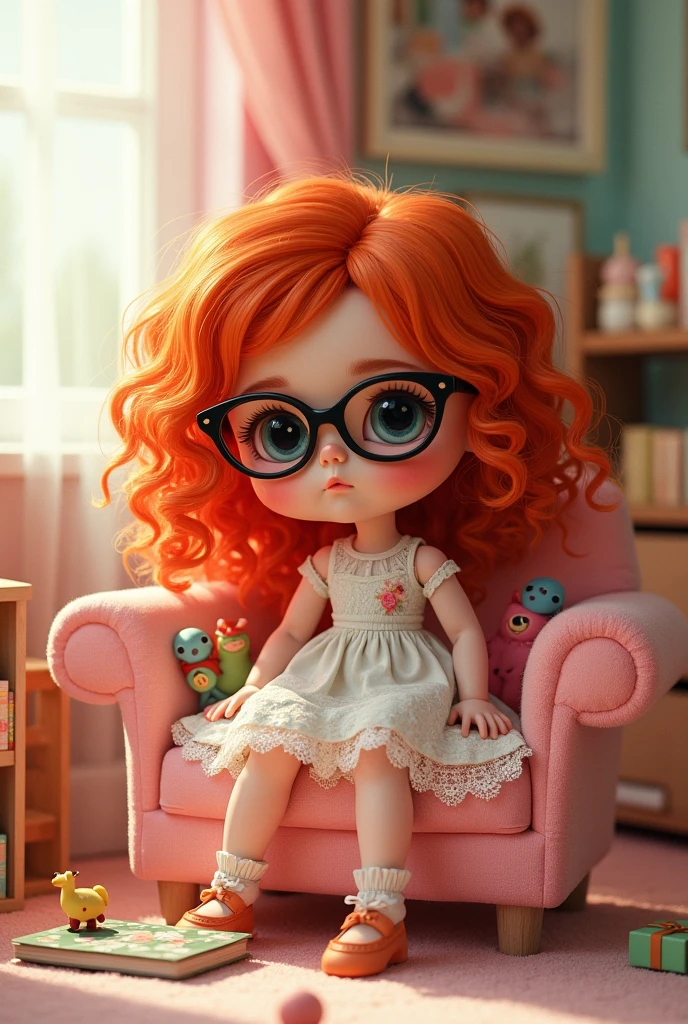 redhead doll with curly hair wearing black glasses