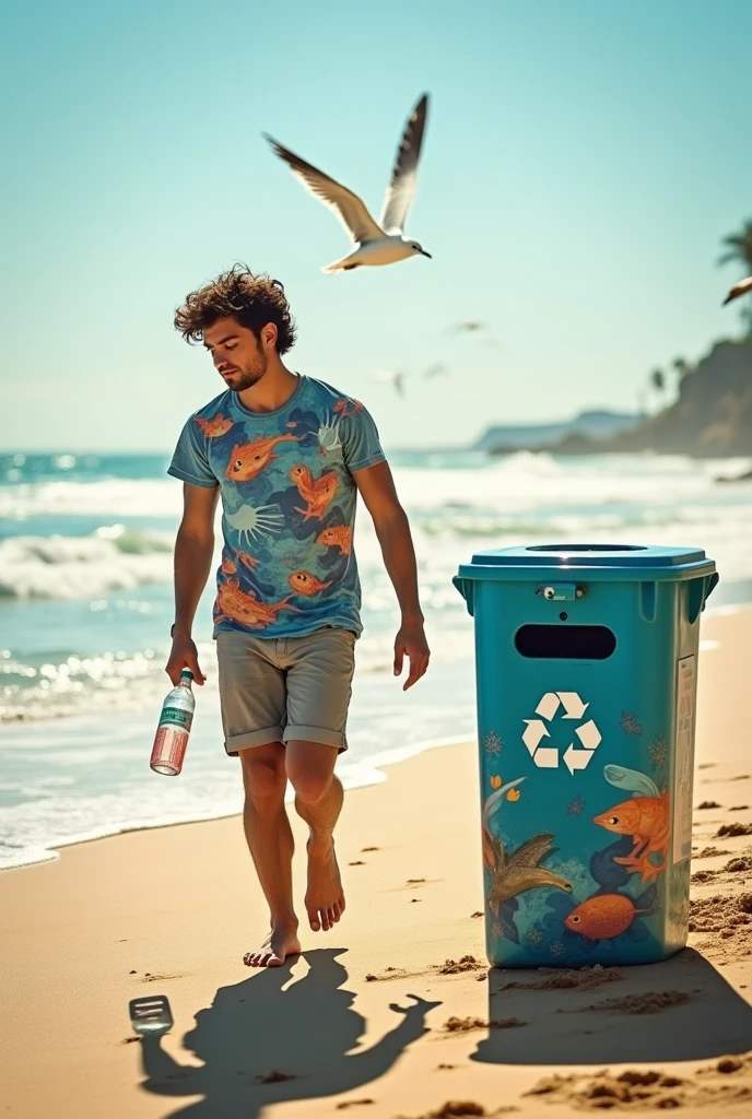 A young man picks up a plastic bottle on the beach and puts it in a recycling bin.