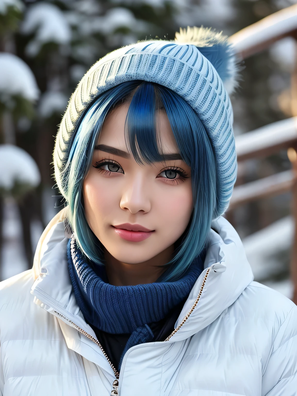(blue hair:1.4), short hair, realistic green eyes, cobalt hair, long bob hair, tousled hair, shoulder length hair, Full body, woman with white skin and Asian features, 24 year old, big breast. She has a small, Her face has an oval shape with high cheekbones that add to her model-like appearance. highly detailed glowing eyes, specular light, extreme quality, crystal clear, cute face, detailed skin pores, oil Dark skin, brown, complex eye details, 8K, ((high quality, 8K, Ultra HD, high quality, high quality, High resolution, realism)) 、smile、well-proportioned body、Background blur((depth of field))、Aerial perspective((atmospheric perspective))、In snowy mountain forests、Wear suitable winter snow clothing、Wear winter trousers、Wear winter shoes、Walking through the snow、Wear a knitted hat、Wear cold weather gloves、Lots of snow, (short hair:1.3), scarf.
