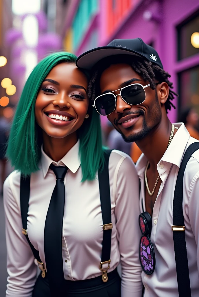 A brown-skinned woman with a rounded nose and mouth, extroverted, straight and green hair. Wear a white shirt with a black tie and suspenders, smiling, and with realistic purple rays around you.. Next to it a white European man with dreadlocks and a cap, wearing dark sunglasses with a white frame and marijuana
