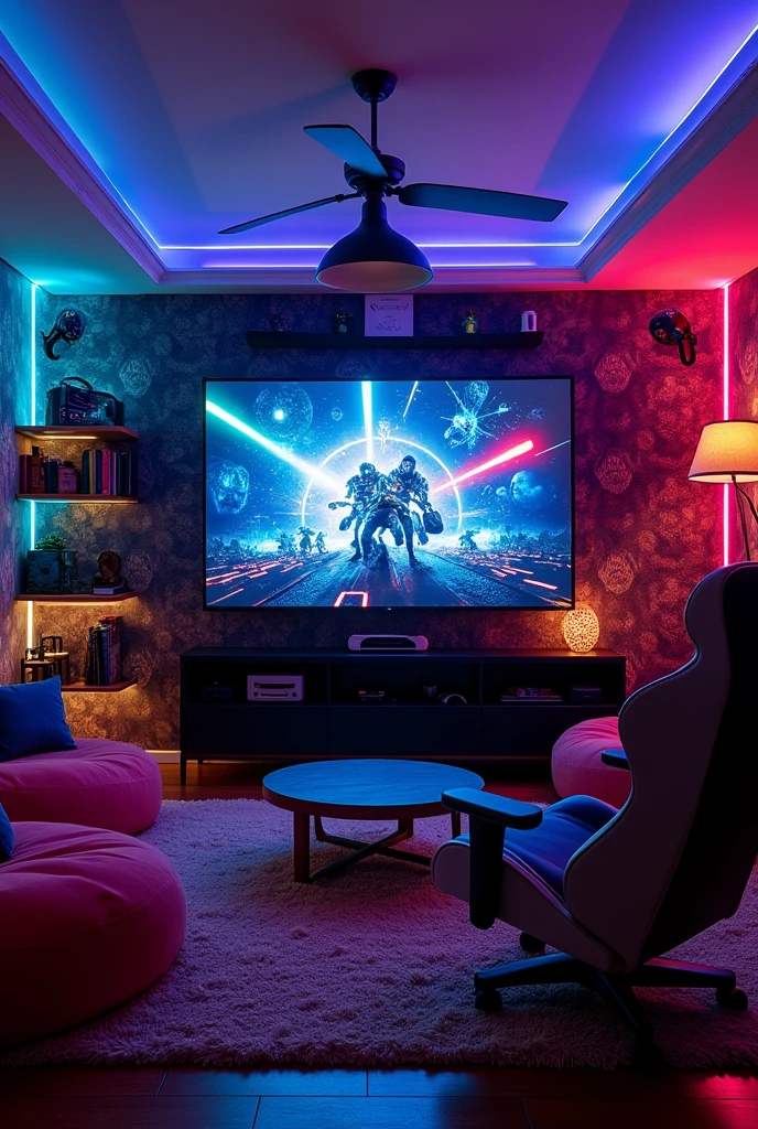 A gamer room with a big TV that has a cool wallpaper