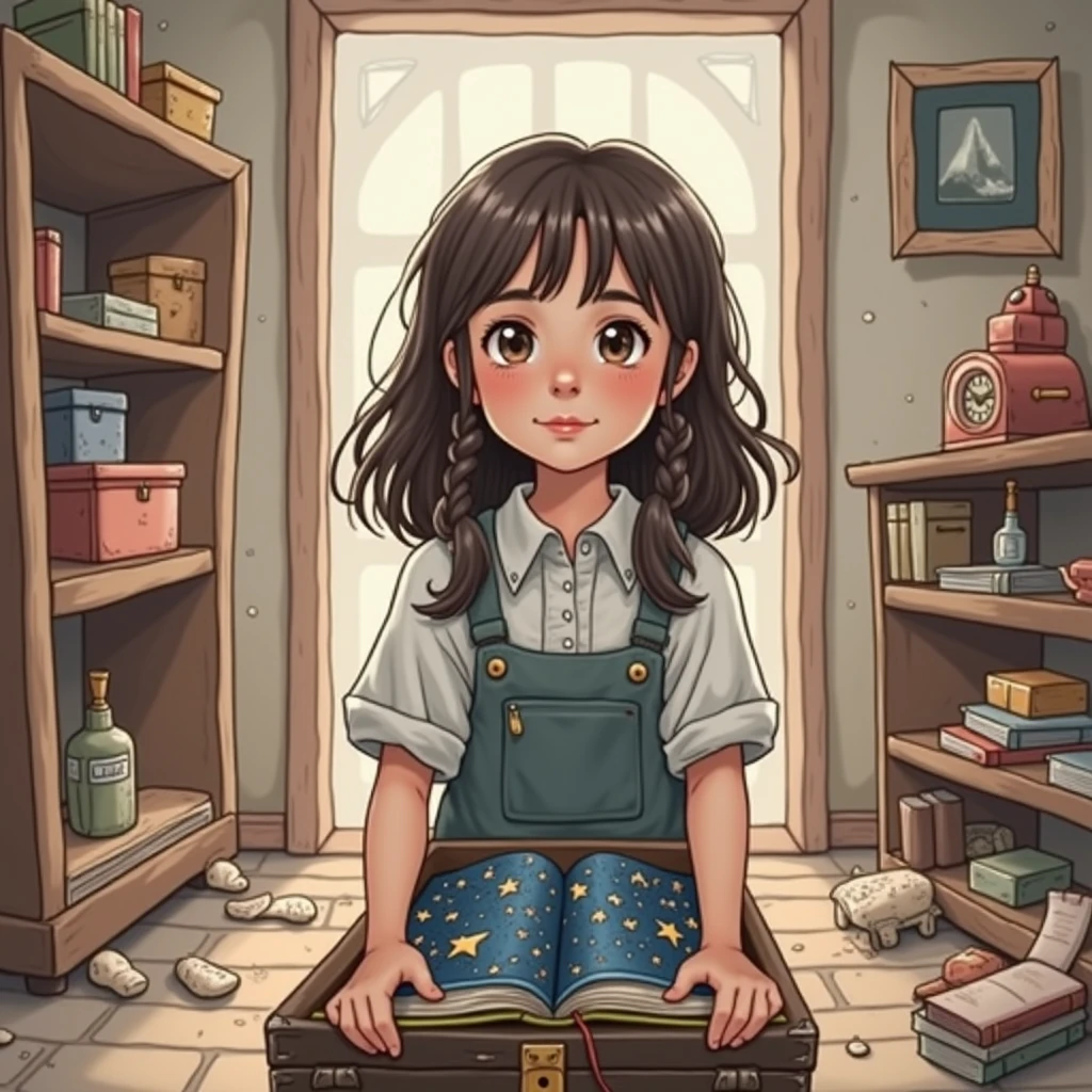 A girl exploring the attic of her house grandmother. Display old boxes, forgotten toys and a slightly dusty, magical environment. The attic should have soft lighting that highlights the old notebook covered in dust with a bright dark blue layer of stars and clouds. The girl must look fascinated when she finds the notebook.