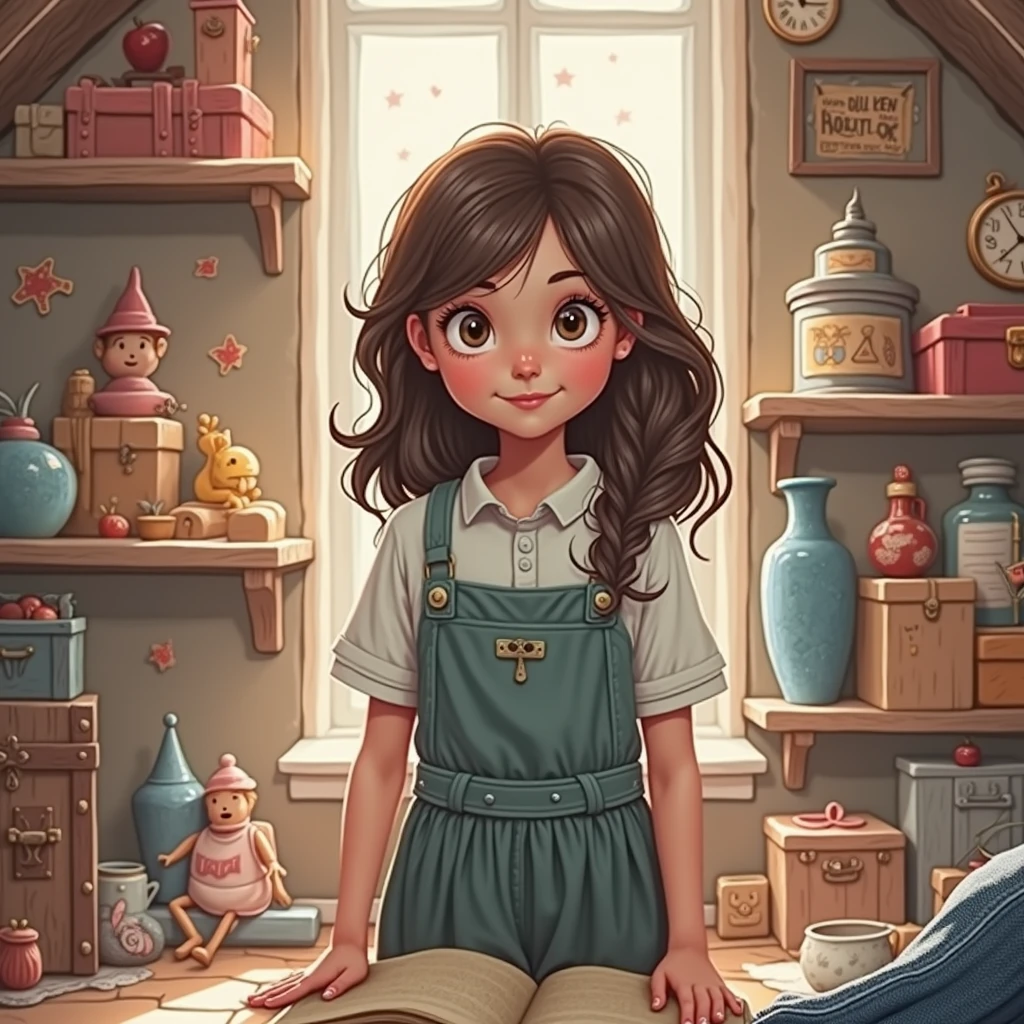 A girl exploring the attic of her house grandmother. Display old boxes, forgotten toys and a slightly dusty, magical environment. The attic should have soft lighting that highlights the old notebook covered in dust with a bright dark blue layer of stars and clouds. The girl must look fascinated when she finds the notebook.