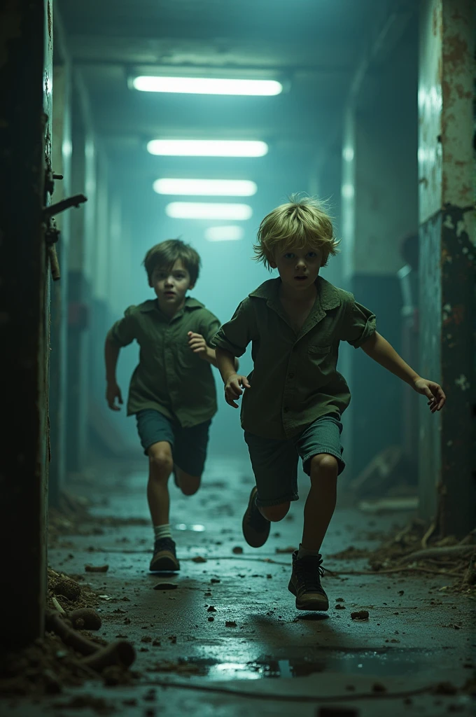 Two boys running away from an abandoned laboratory (One has blonde hair and the other has brown hair 