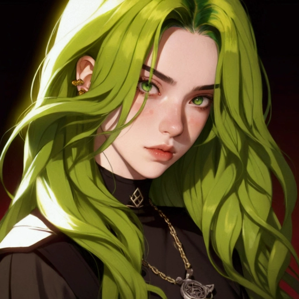 a close up of a person with green hair and a necklace, demon slayer rui fanart, demon slayer artstyle, green flowing hair, overlord billie eilish, portrait knights of zodiac girl, 1 7 - year - old anime goth girl, high quality anime artstyle, made with anime painter studio, sage ( valorant ), anime style character, discord profile picture