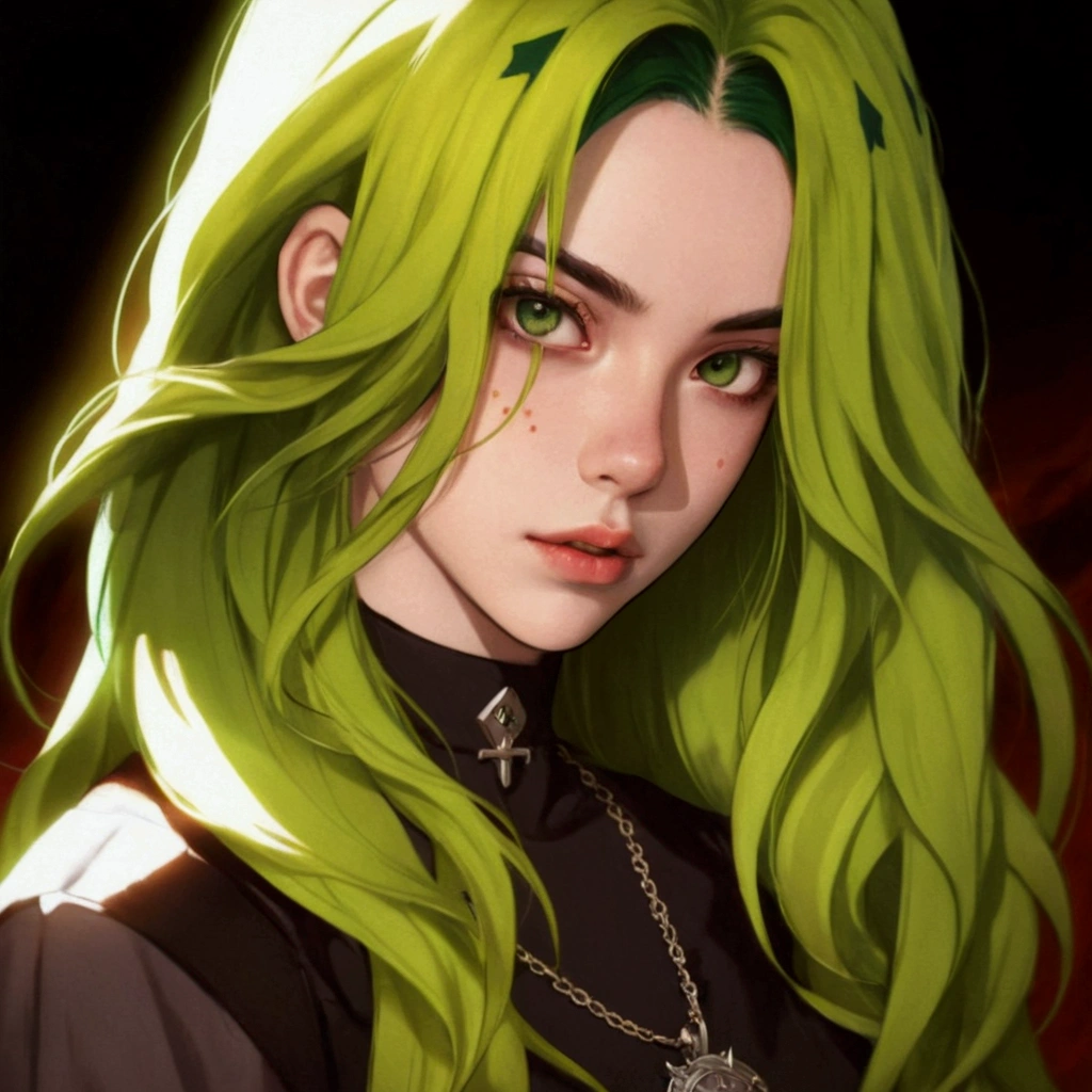a close up of a person with green hair and a necklace, demon slayer rui fanart, demon slayer artstyle, green flowing hair, overlord billie eilish, portrait knights of zodiac girl, 1 7 - year - old anime goth girl, high quality anime artstyle, made with anime painter studio, sage ( valorant ), anime style character, discord profile picture