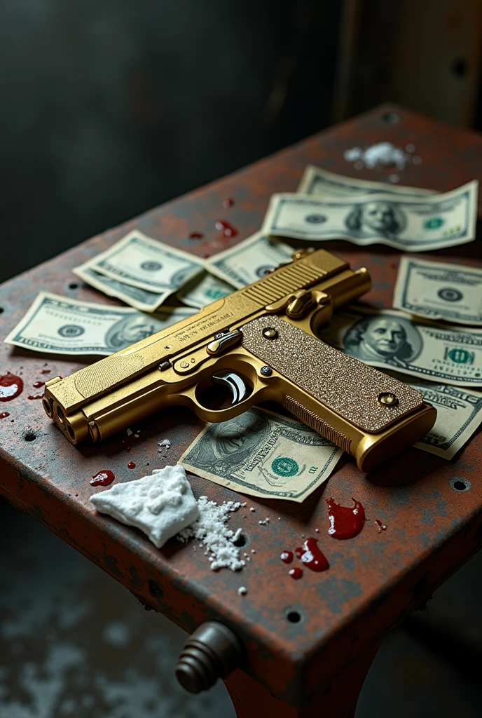 Old and dirty metal table with some rusty details, flat view top down, with 100 dollar bills (a few dents or tears), a golden Desert Eagle pistol with details studded with small, sparkling white diamonds, several lines of cocaine, small bags of cocaine torn apart. Blood and cocaine scattered around the scene, blood staining some $100 bills.