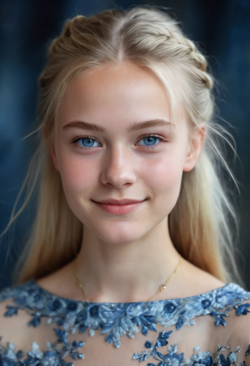 Portrait of a Norwegian beautiful teenager, small breasts, intricate dress, soft smile, natural lips, long blonde hair with shaved sides , blue-grey eyes, realism, digital painting, concept art, smooth, sharp focus, rule of thirds, Style-Psycho