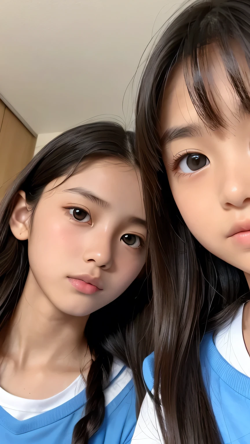 Highest quality、Realistic、、zoom、Primary school students、look up、cute、Light grey eyes、Black Hair、Long wavy hair、boyish、Tanned brown skin、Dark Skin、Light Blue T-Shirt、Eyes that see far、Face close-up、thin