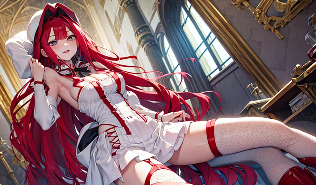 Red long hair girl,vampire,Mid-chest,cleavage,Bare Arms,White Hat,White mini skirt,thigh,Standing,Medieval European castles