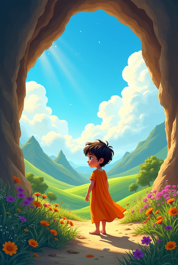Umm dia, one of the prisoners is freed and, As he exits the cave, he discovers the real world, com luz, true colors and shapes. Make this boy, in Cartoon, in a orange Greek dress