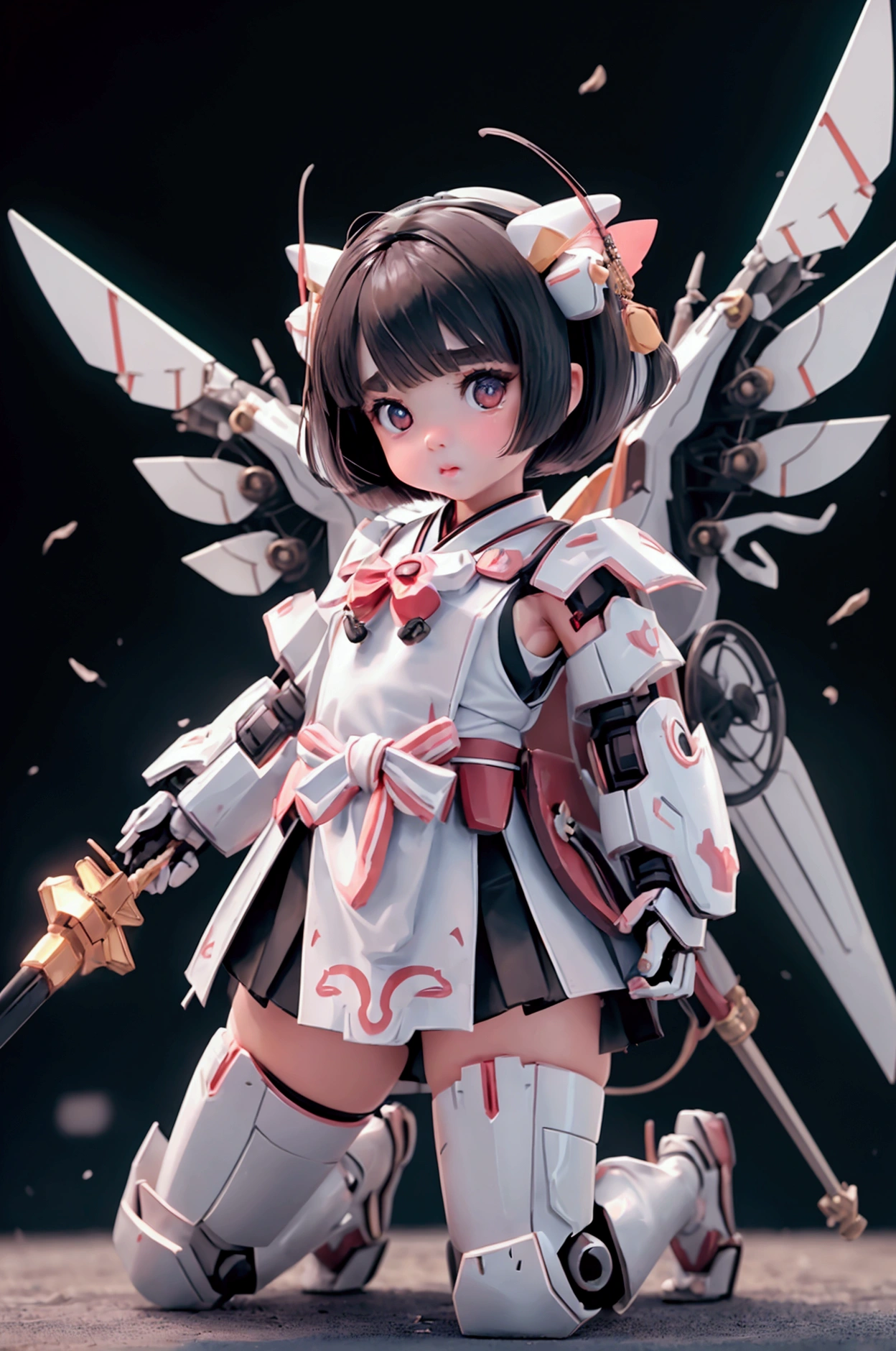 {(Japanese young girl)}, (She is fused with a Gundam mecha from the future.:1.1), White Theme, With headgear, With V fin , ((Unarmored tear)), ((Unarmored stomach)), ((Unarmored upper arm)), ((Unarmored face)), (Unarmored hand), (Non-armored waist), ((Unarmored thigh)), (Unarmored ankle), Japanese wearing a white Miko-style Hakama, Get on all fours:1.2,  whole body:1.5, ,Destroyed city background, Multi-layer texture perfect ratio, Octane Rendering, Duotone Lighting, Low ISO, wide aperture, White balance, Three-part method, Ultra HD 16k, High resolution (High Dynamic Range), Ray Tracing, NVIDIA, Super Resolution, Scattered beneath the surface, PBR Texturing, Post-processing, Anisotropic Filtering, Depth of written boundary, Maximum clarity and sharpness, Highly efficient subpixels, Subpixel Convolution, Particles of light, Scattered Light, Tyndall effect, whole body:1.5, dorsal position, cute, (cute:1.2), (Bobcut:1.3),Cat ear, Black Hair, Thick eyebrows, Light-colored irises, Big, bright black eyes, Long eyelashes, Small, light-colored, natural lips, (The average face of the Japan idol), (日本人特有のBaby Face:1.3), (Baby Face), Wide forehead:1.2, Plump Cheeks, Small jaw, Visible side boob, (Mechanical Wings), Have a weapon,巨大なHave a weapon, Has a very large shield, , Asymmetrical body,View your viewers,Focus on the eyes,Sleek and intimidating design, (Four perfect fingers, One thumb),Shrine torii gate in the background