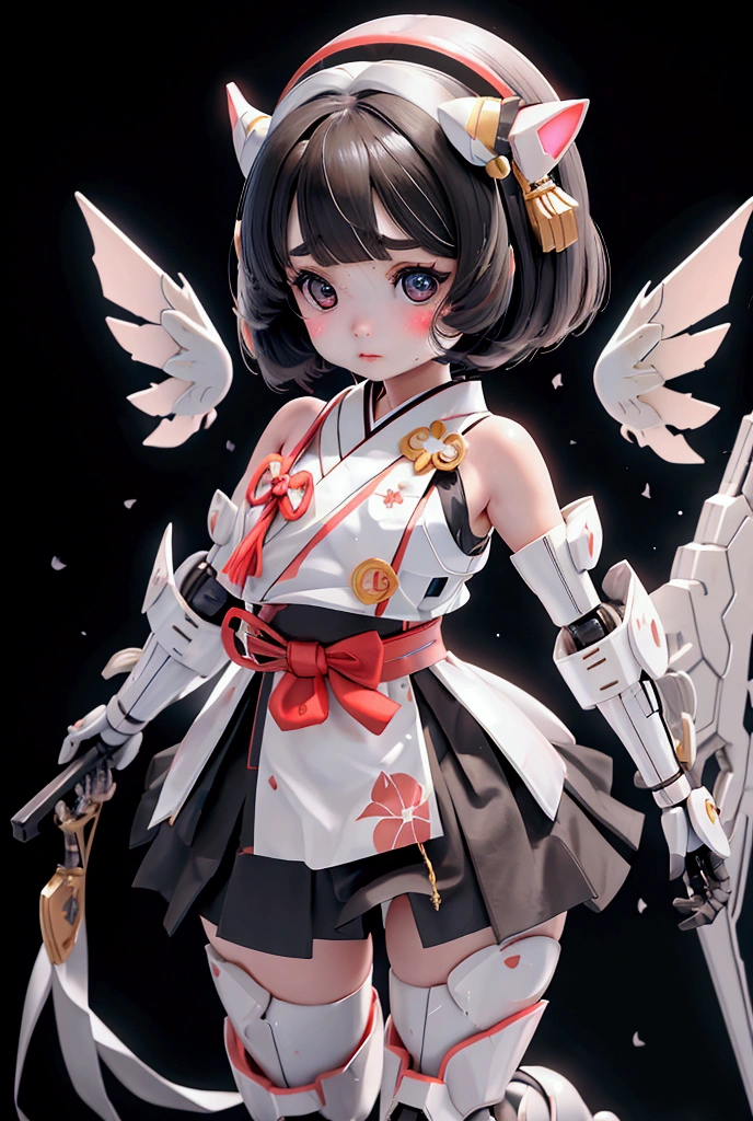 {(Japanese young girl)}, (She is fused with a Gundam mecha from the future.:1.1), White Theme, With headgear, With V fin , ((Unarmored tear)), ((Unarmored stomach)), ((Unarmored upper arm)), ((Unarmored face)), (Unarmored hand), (Non-armored waist), ((Unarmored thigh)), (Unarmored ankle), Japanese wearing a white Miko-style Hakama, Get on all fours:1.2,  whole body:1.5, ,Destroyed city background, Multi-layer texture perfect ratio, Octane Rendering, Duotone Lighting, Low ISO, wide aperture, White balance, Three-part method, Ultra HD 16k, High resolution (High Dynamic Range), Ray Tracing, NVIDIA, Super Resolution, Scattered beneath the surface, PBR Texturing, Post-processing, Anisotropic Filtering, Depth of written boundary, Maximum clarity and sharpness, Highly efficient subpixels, Subpixel Convolution, Particles of light, Scattered Light, Tyndall effect, whole body:1.5, dorsal position, cute, (cute:1.2), (Bobcut:1.3),Cat ear, Black Hair, Thick eyebrows, Light-colored irises, Big, bright black eyes, Long eyelashes, Small, light-colored, natural lips, (The average face of the Japan idol), (日本人特有のBaby Face:1.3), (Baby Face), Wide forehead:1.2, Plump Cheeks, Small jaw, Visible side boob, (Mechanical Wings), Have a weapon,巨大なHave a weapon, Has a very large shield, , Asymmetrical body,View your viewers,Focus on the eyes,Sleek and intimidating design, (Four perfect fingers, One thumb),Shrine torii gate in the background