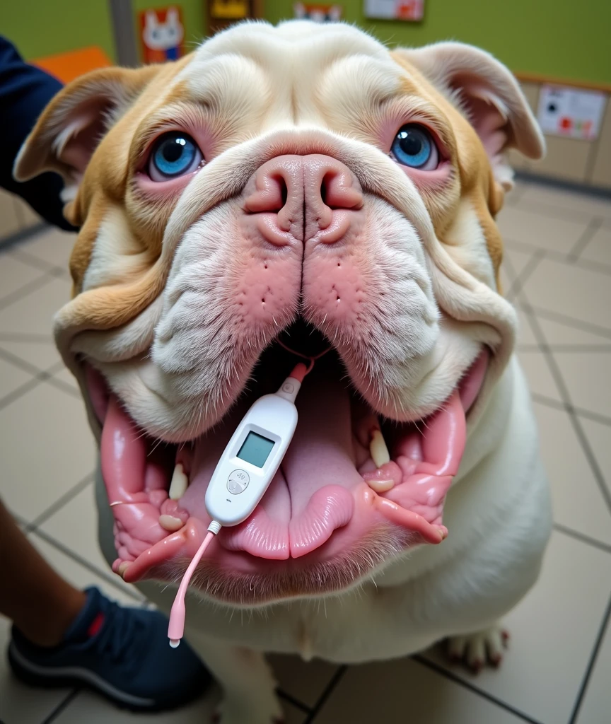 Generate an English bulldog like the one in the reference image with the same colors and clear blue eyes at a veterinarian's office with a thermometer in its mouth and a sad face., the bull dog has a sad face