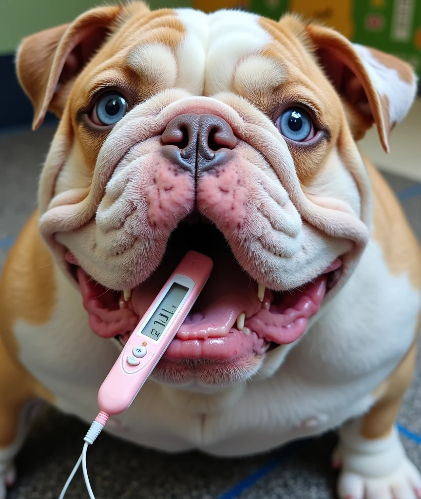 Generate an English bulldog like the one in the reference image with the same colors and clear blue eyes at a veterinarian's office with a thermometer in its mouth and a sad face., the bull dog has a sad face