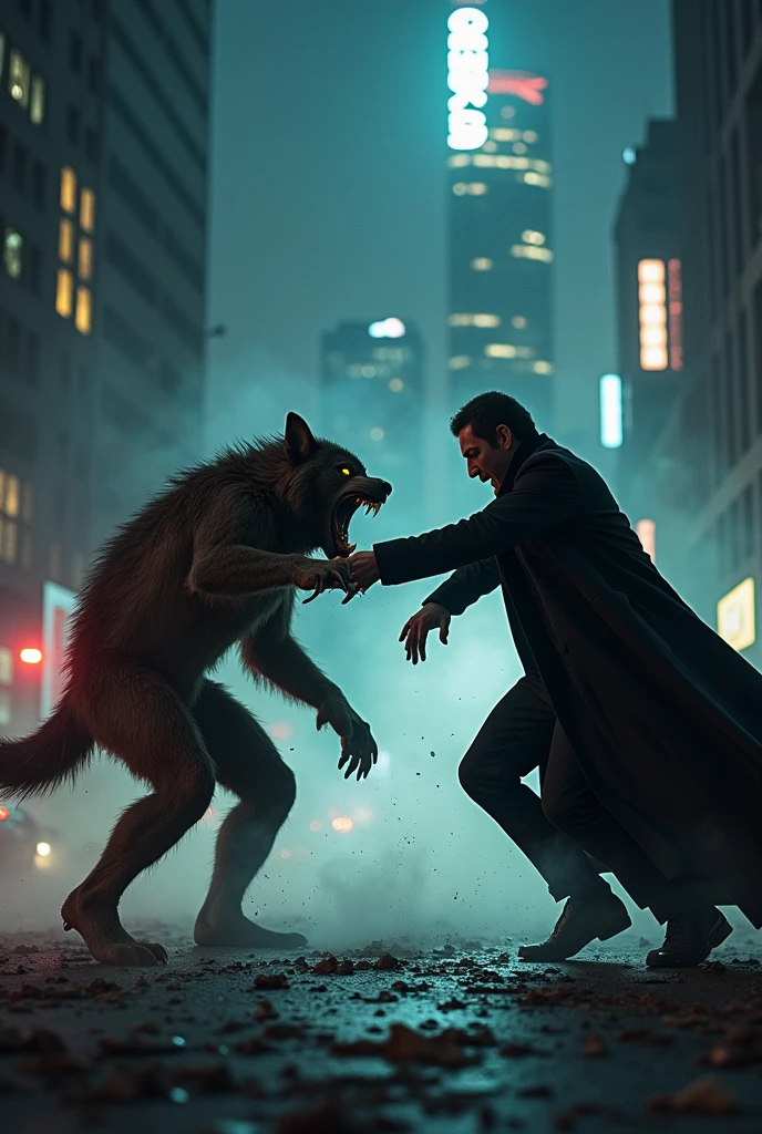 Werewolf fighting a vampire in a city building 
