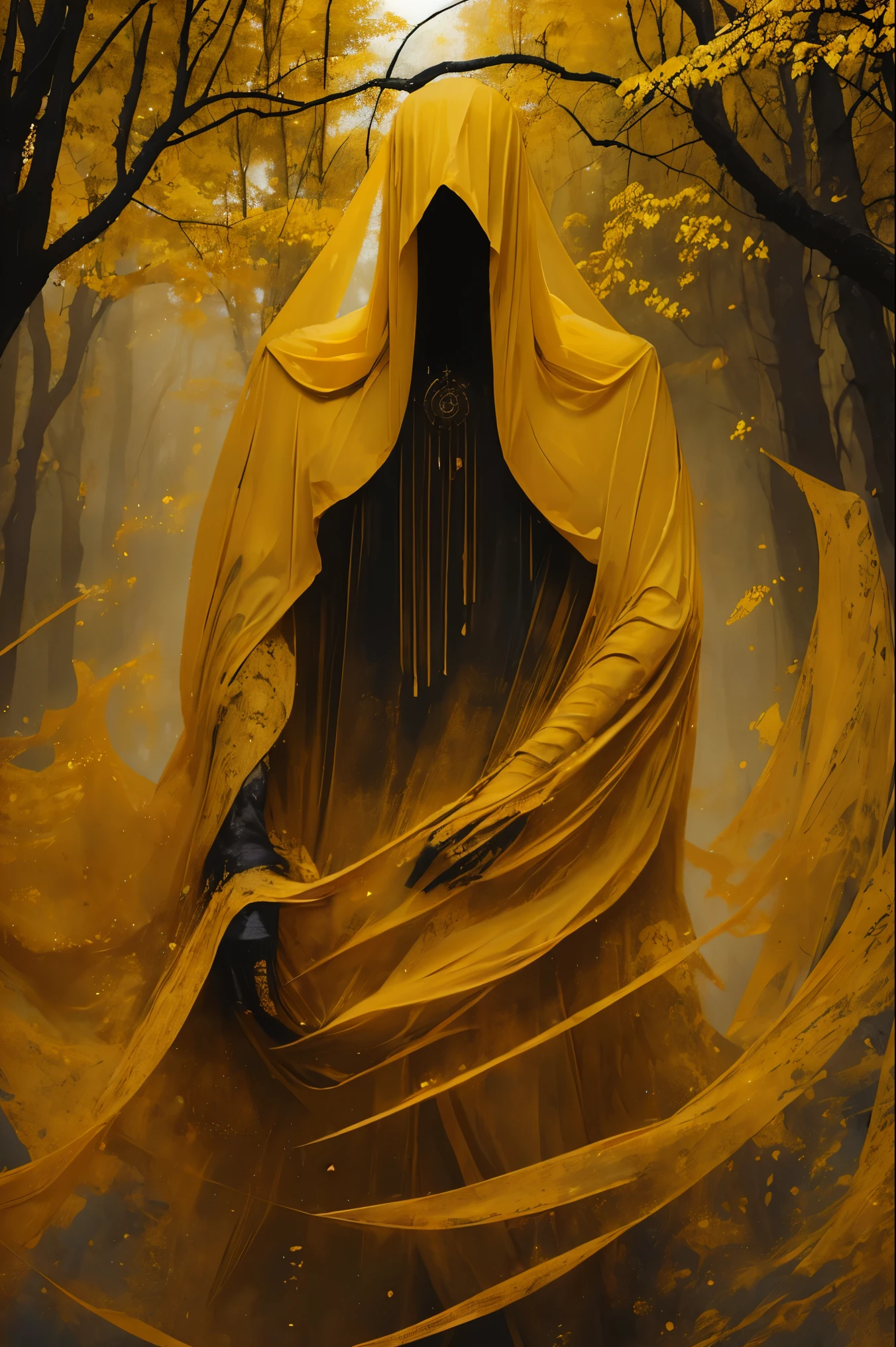 a demon, pale yellow skin, gaunt, very slender/lanky, crown of horns protruding from scalp, mischievous, large boney feet, long boney fingers, wearing vibrant yellow shawl, tattered yellow poncho, aged yellow cloth wrapped around torso and pelvis, very boney physique, nimble, yellow cowl over head, bright yellow veil covering face, very thick veil, veil covering eyes and mouth, veil obscuring face completely, no visible face, trickster, mischievous body language, skeletal body, dry gaunt flesh, crouching stance, crouching, bent legs, bending toes, arms splayed out to the sides, trickster god