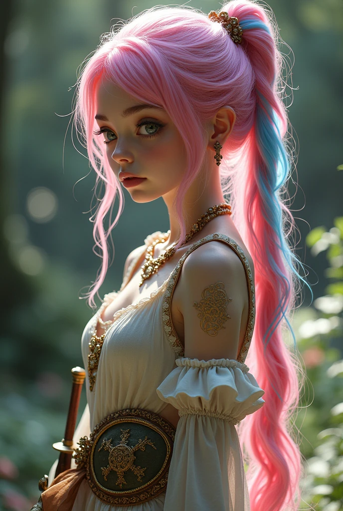 A very beautiful and young girl, Her hair is extremely pink and she has two blue streaks, Her skin is white and delicate and she has golden magical symbols on her shoulder and neck that are like tattoos, Her clothes are very elegant and chic, demonstrating wealth, She is the daughter of a fairy and carries with her her lute and two beautiful delicate swords. She is a bard and loves music.