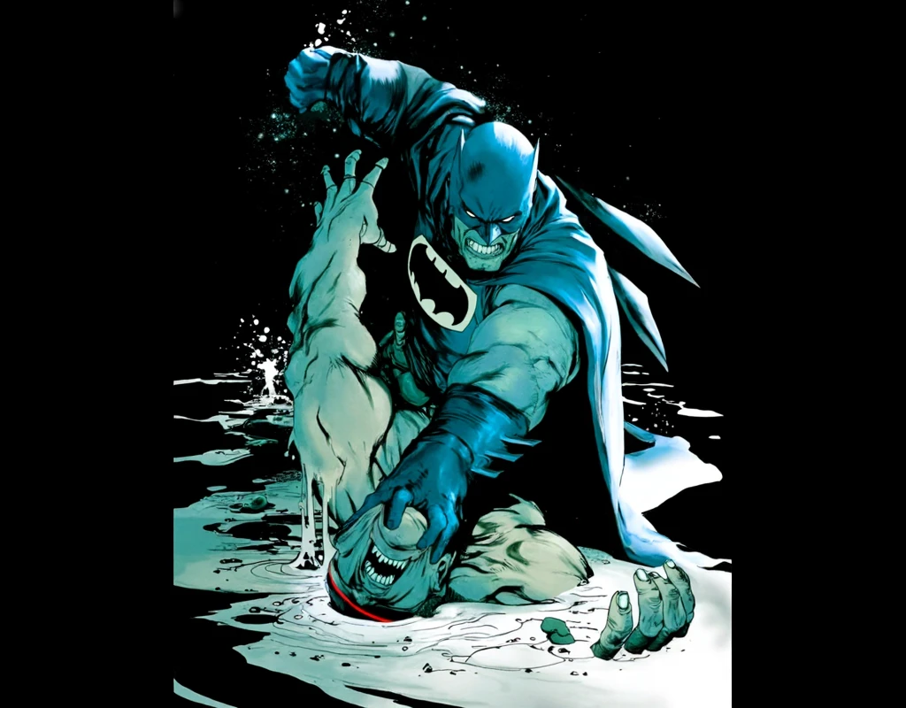 Batman, gritting his teeth in hatred, his muscular uniform torn and wounded, punched Robin.
