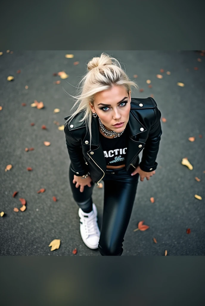 russian milf, platinum blonde hair in top bun ,with very light blue eyes, pale, heavy eye shadows. Wearing black moto jacket, cropped metal band t-shirt, black leather jeans and white tennis sneakers. Lots of metallic braceles and collars. Tacky leather belt with oversized buckle. Wide loop earrings. Scared face. Seen from above
