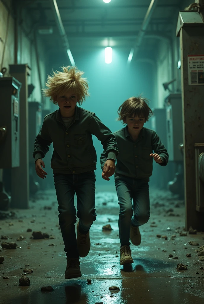 Two boys escaping from an abandoned laboratory (One has blonde hair and the other has brown hair 
