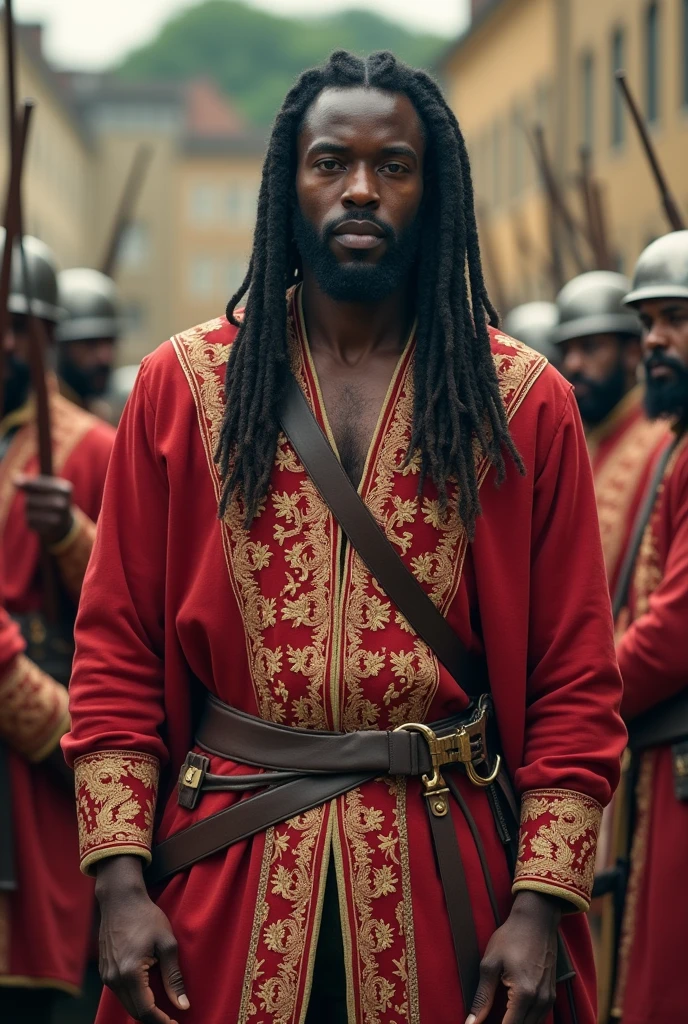 Black man, musketeer, 25 years old, tall, strong, beard, black dreadlocks, looks at the camera, in a training yard surrounded by white musketeers, the whole body, universe of the 3 musketeers.