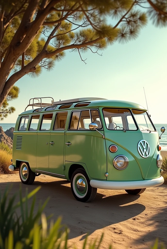 Modern Kombi with pastel green color that evokes nostalgia, launch 2025, front engine with a longer front, with cozy interior, leather seats