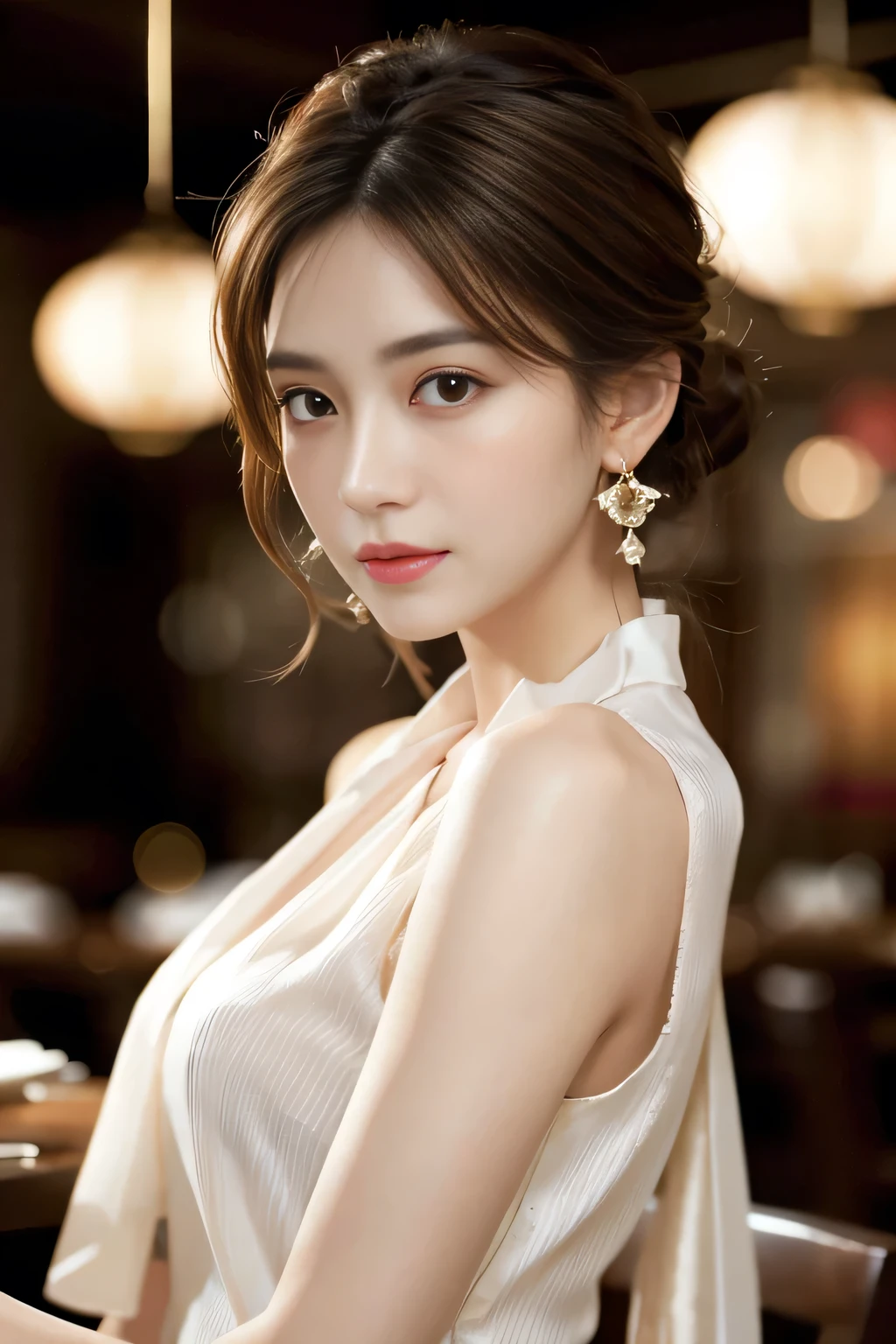 masterpiece, Highest quality, Realistic, Very detailed, Finer details, High resolution, 8k wallpaper, One beautiful woman, Wear a pretty colored silk shirt, In a great restaurant, At night, Light brown messy hair, Perfect dynamic composition, Beautiful and beautiful eyes、Big earrings、Sleeveless shirt、