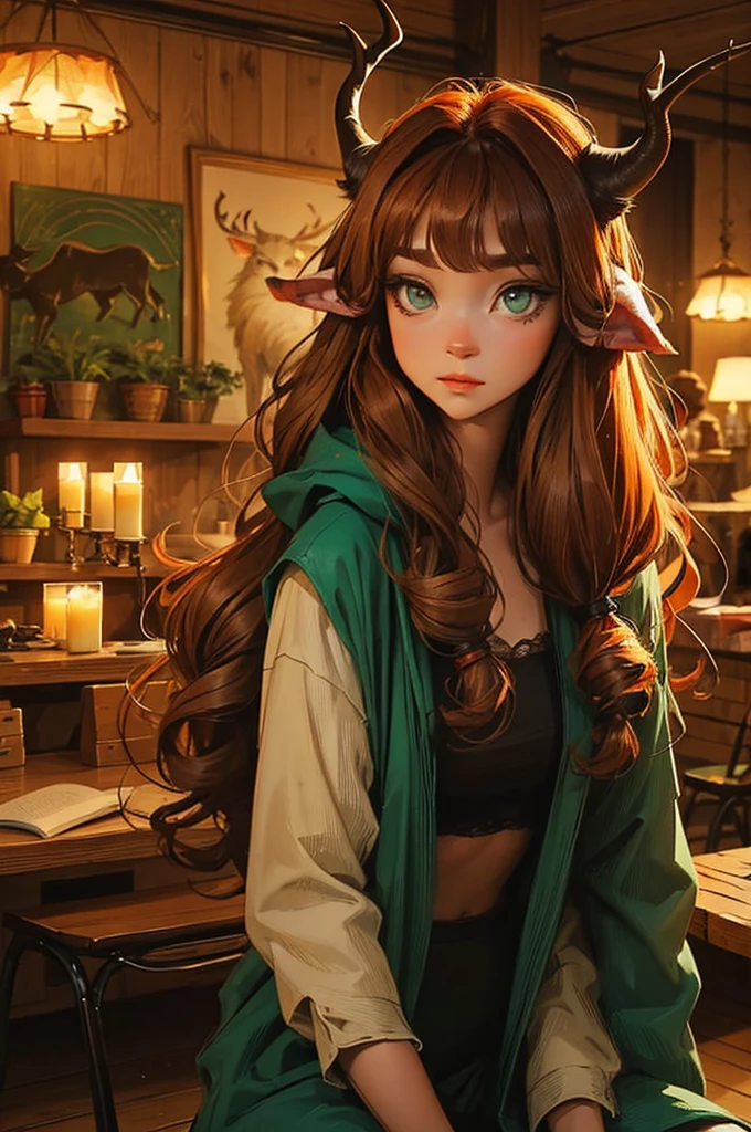 dungeons and dragons satyr. light deer horns. curly ginger hair. dark green eyes. casual clothes.