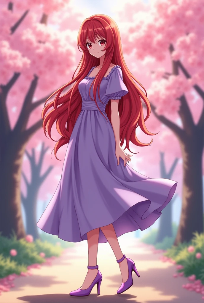A Japanese teenager with a beautiful face and long red hair. Lilac dress and lilac heels, defined body and slightly large breasts and big ass