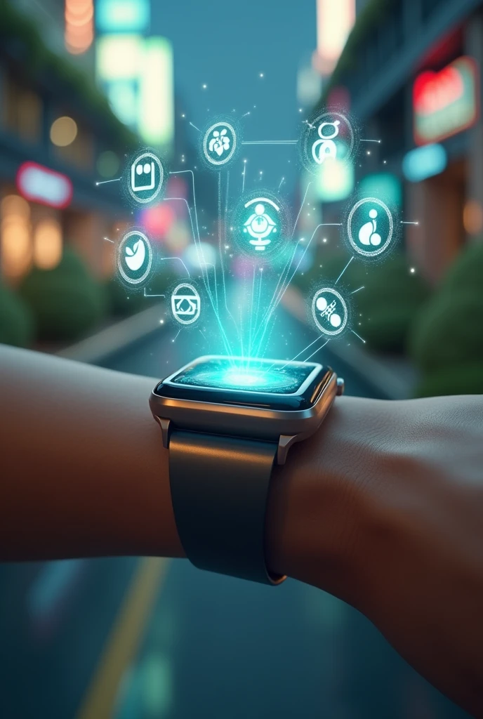 Make a nutritional smartwatch with a mini hologram that shows 5 apps with exercise functions, help, pest control, allergy alerts and diet creation