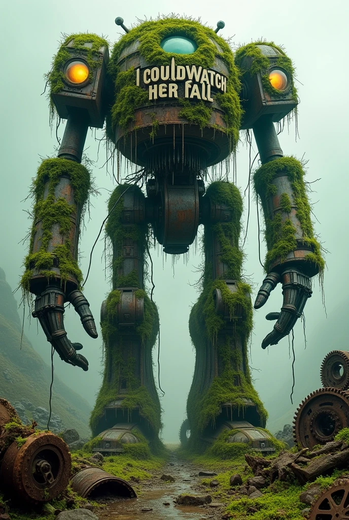 Make me a band logo with a giant broken down covered in moss robot with the lettering Icouldwatchherfallapart
