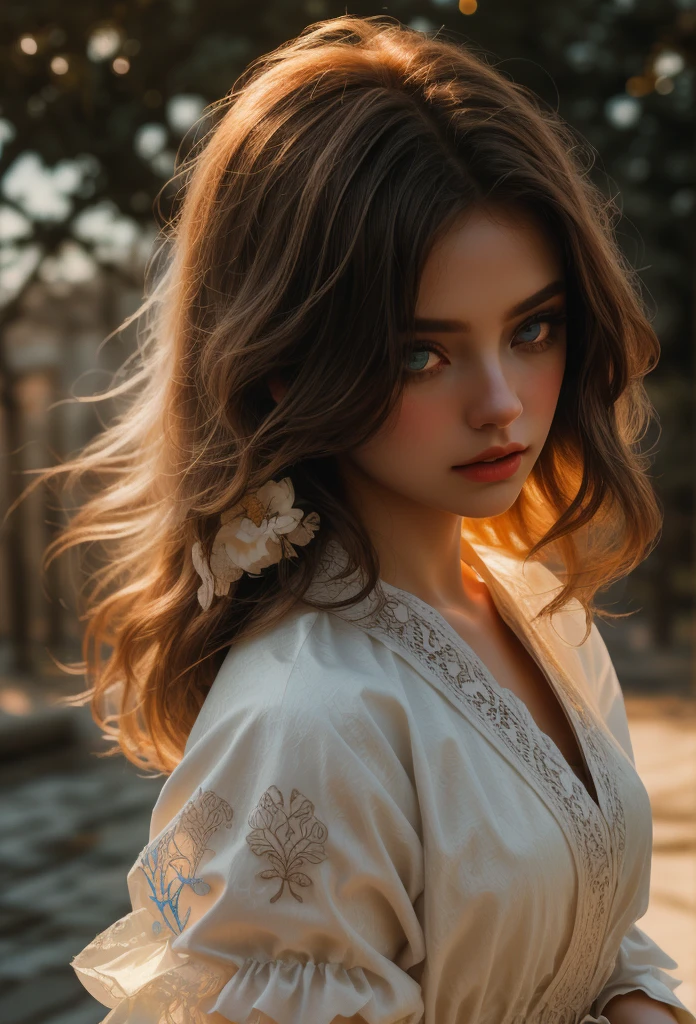 Natural light, a mysterious and gorgeous scene with light and brightness. Glossy rich white blonde_straight long hair, soft golden costume_lace puff sleeves, embroidery Detailed details: 1.3, delicate eyes, plump lips, (highest quality, 4K, 8k, high resolution, masterpiece: 1.2), (upper body close-up angle), (highly detailed, realistic: 1.37), cinematic soft lighting, dramatic mood lighting, vivid colors, subtle magic, outdoor clear day, background details, fragile, elegant, dramatic, great composition.
