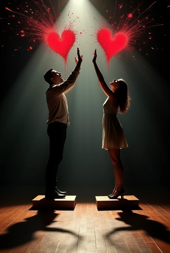 Create a clear, not dark image of a man on one stage and a woman on another stage.. separated. screaming in pain, crying with sadness. They raise their arms and break the great chains of the cycle of violence, emotional abuse and psychological mistreatment.
Their red hearts are broken.