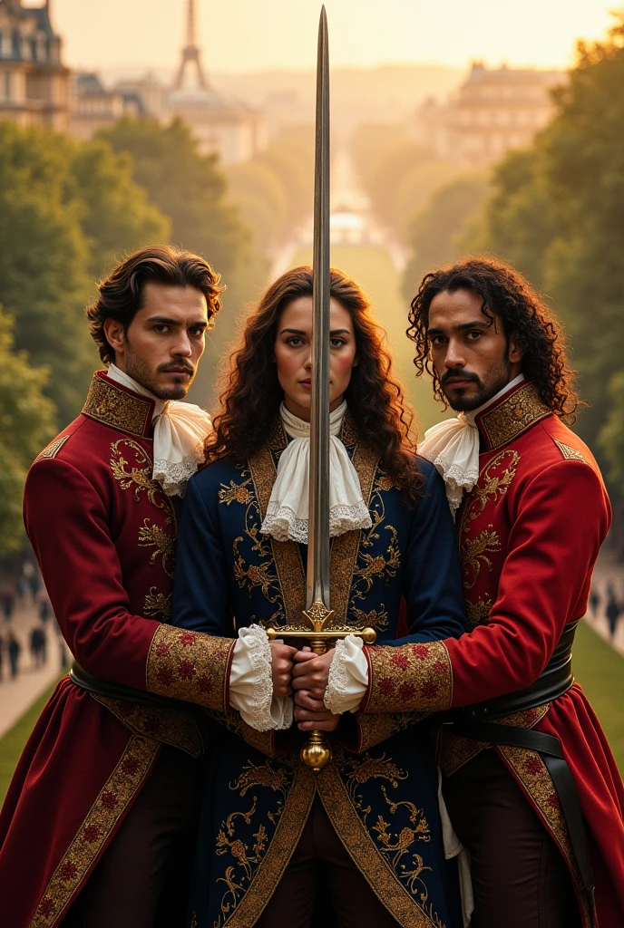 the three musketeers in a high resolution 8k with their swords pointing to the center, with the sun coming from the right side