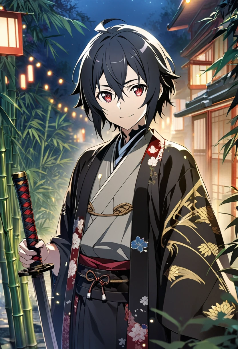 Hyakuya Mikaela \(Sword Art Online\), short black hair, ruby red eyes:1.2, (Male Traditional Japanese Costume), bangs, smiling gently, black sword, ((ultra-detailed)), ((illustration)), ((neat hair)), (beautiful detailed eyes), male, 1boy, standing, ((bamboo garden, night)), looking at viewer