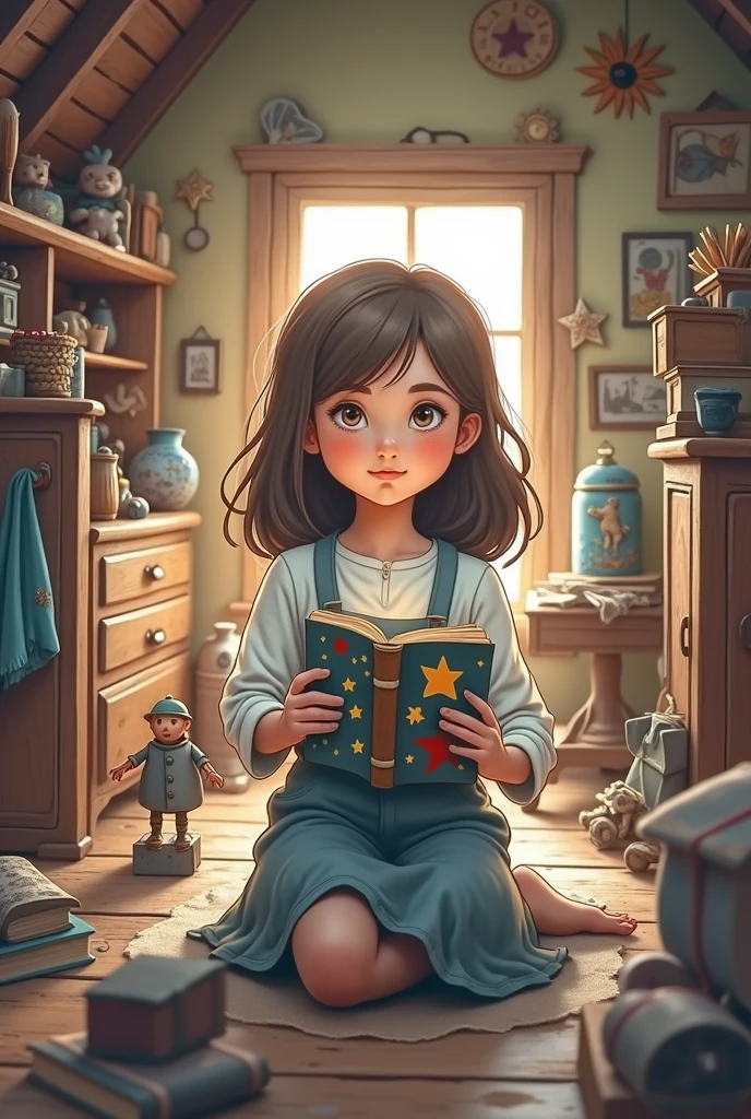 A girl exploring the attic of her house grandmother. Display old boxes, forgotten toys and a slightly dusty, magical environment. The attic should have soft lighting that highlights the old notebook covered in dust with a bright dark blue layer of stars and clouds. The girl must look fascinated when she finds the notebook.