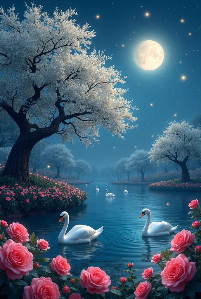 There is a tree and a large lake and this lake has swans swimming and this lake is surrounded by beautiful roses of all colors. The big tree has white flowers growing on it. It is a beautiful night there are fireflies flying and the stars are very beautiful in the sky along with the moon and the art has to be in 3D.