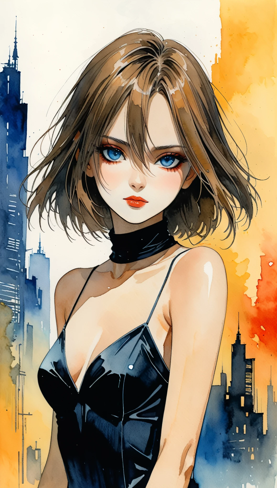 in style of Santiago Caruso,in style of Hans Hartung,in style of Alex Andreev
(1girl,character conceptual design,half body),gravure_pose,transparent watercolor,acrylic gouache,flat_color,detailed characters,perfect face,vivid eyes and makeup,legendary urban background